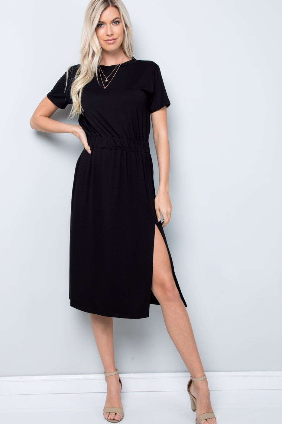 black midi t shirt dress Short Sleeve T-Shirt Dress with Left Slit large