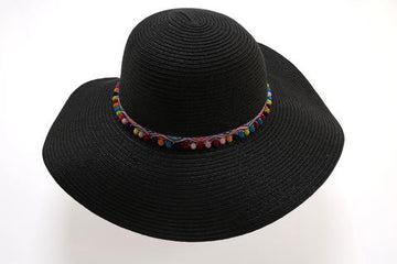 Black Straw Hat with Multi Pom Accent