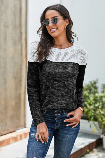 Black Colorblock Crochet Hollow Out Long Sleeve Top