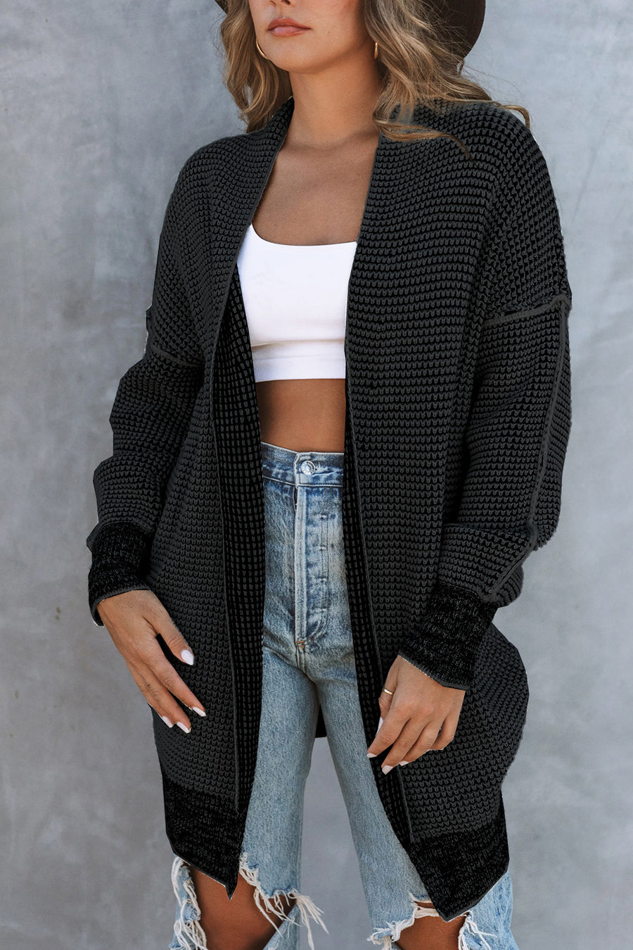 Waffle Detail Cardigan Black