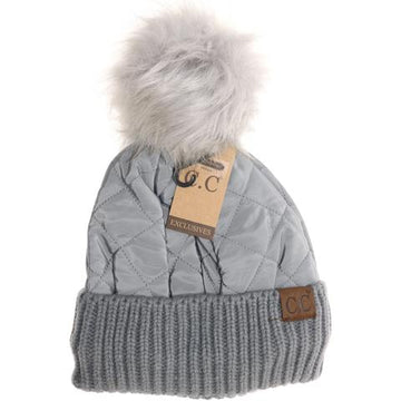 Fleece Lined Quilted Puffer Pom Beanie