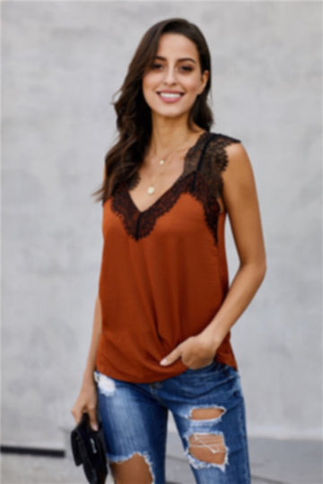 Rust V Neck Cami With Lace Straps