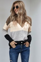 V-Neck Button Up Color Block Sweater