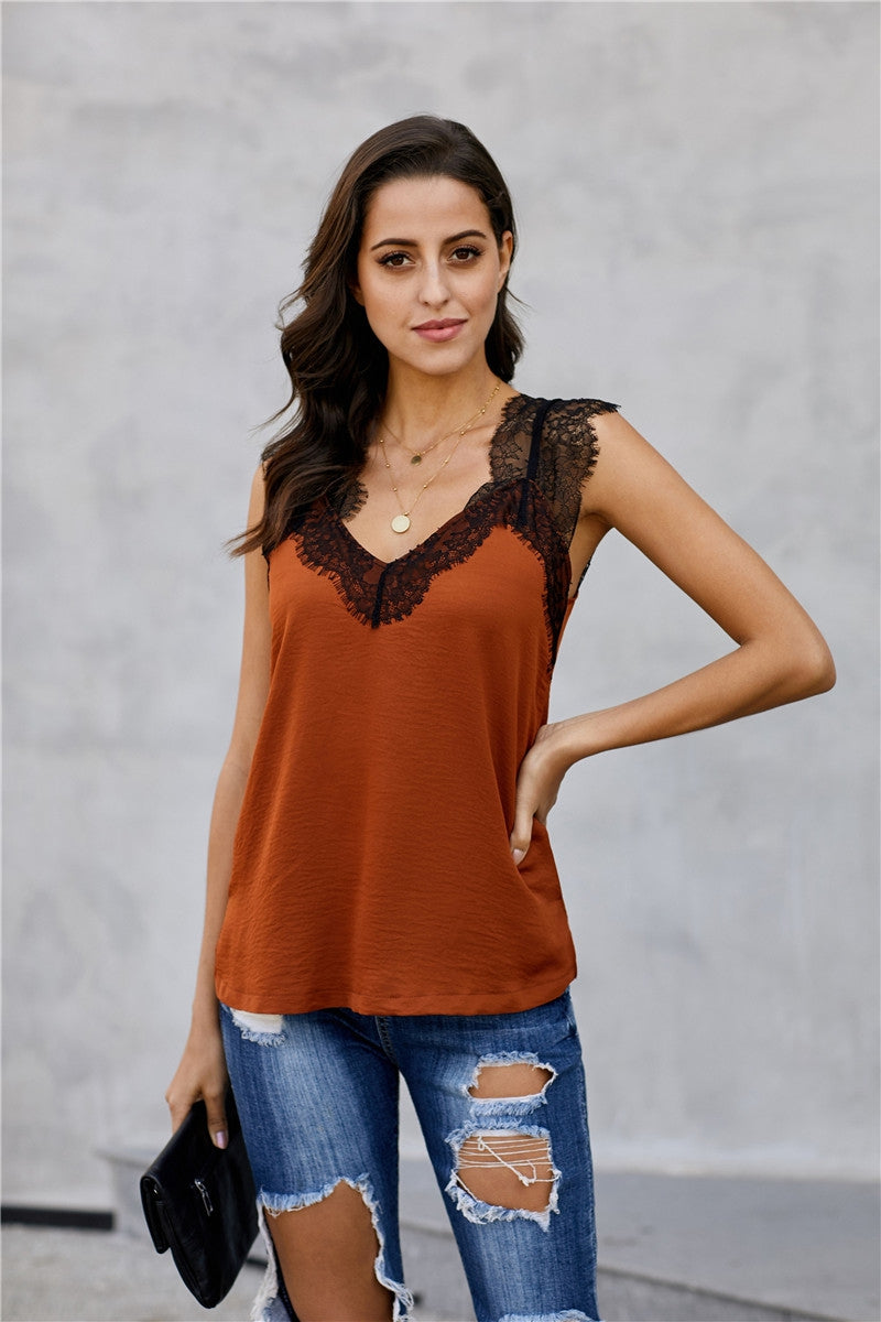 Rust V Neck Cami With Lace Straps