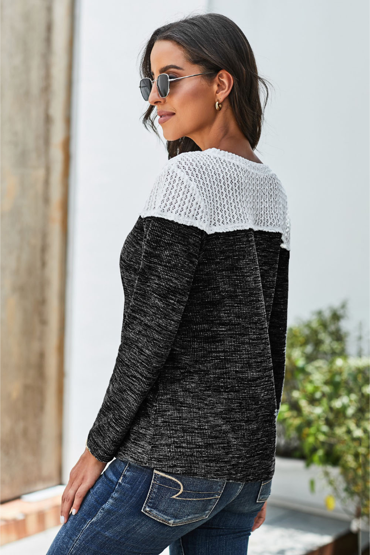 Black Colorblock Crochet Hollow Out Long Sleeve Top
