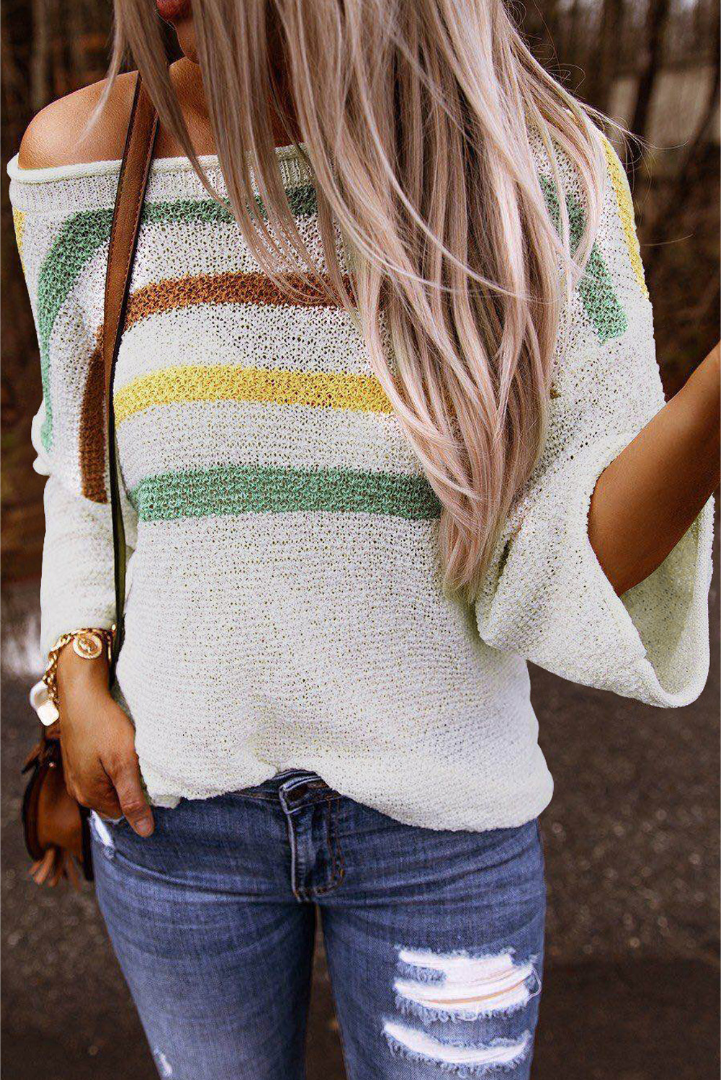 Multicolor Stripes Print White Knit Sweater