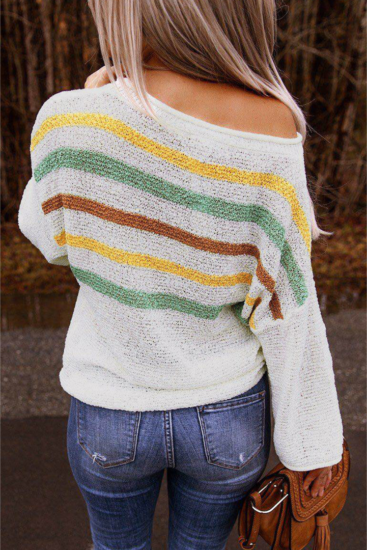 Multicolor Stripes Print White Knit Sweater